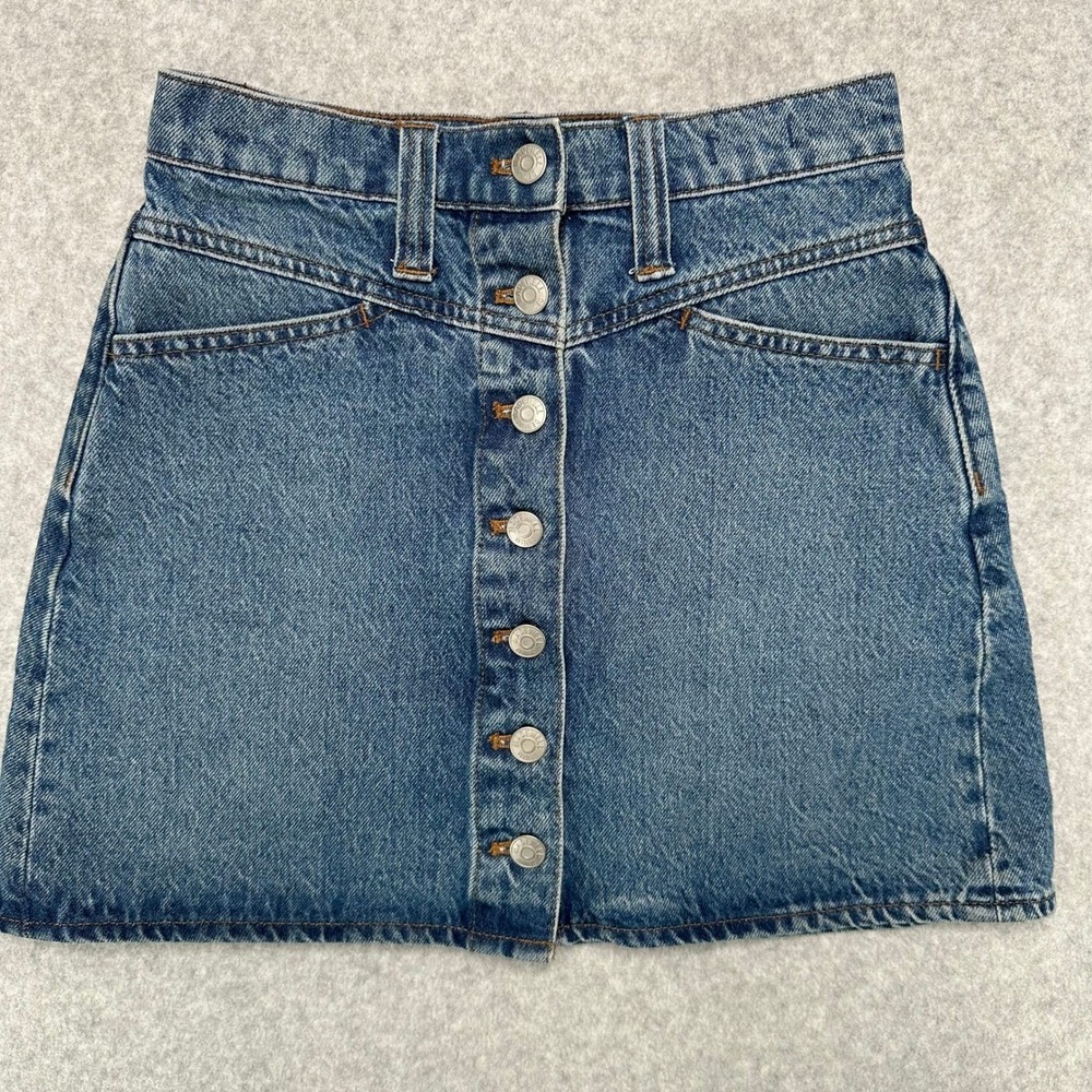 Madewell Stretch Denim A-Line Button Fly Mini Skirt Size 23 Blue - Picture 2 of 9